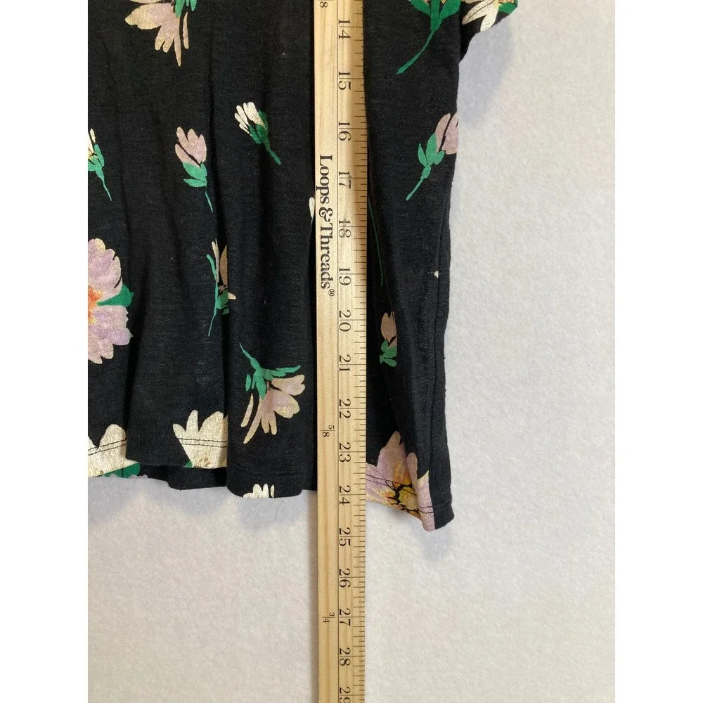 Cottagecore LOFT Women Size S Black Floral 100% Linen Flutter Sleeve Scoop Neck‎ - Picture 7 of 9